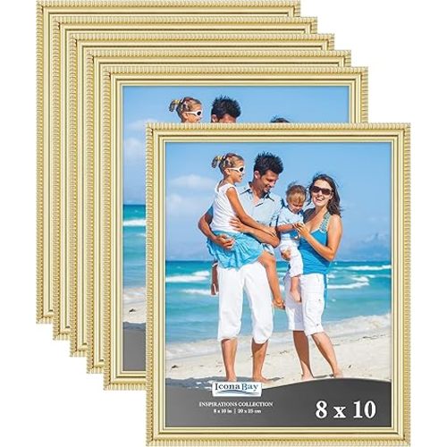 Icona Bay 8x10 Picture Frames (Gold, 6 Pack), Beautifully Detailed Molding, Contemporary Picture Frame Set, Wall Mount or Table Top, Inspirations Collection