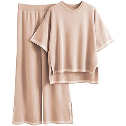 Faleave Womens Knit 2 Piece Sweater Sets Short Sleeve Pullover Tops Elastic Waist Wide Leg Pants Lounge Set