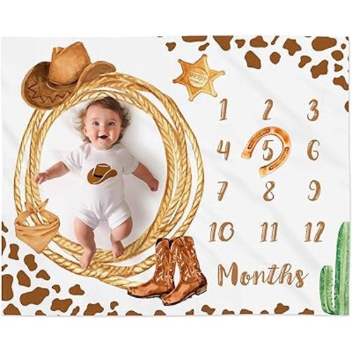 Cowboy Baby Monthly Milestone Blanket with Felt Horseshoe Frame Western Theme Baby Month Photo Props Cow Print Baby Photo Blanket My First Rodeo Birthday Party Supplies