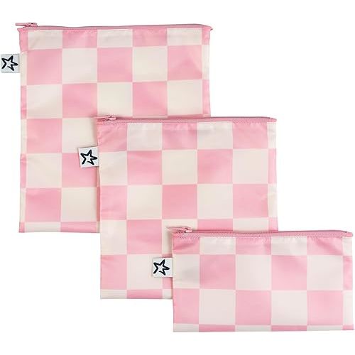 Tiny Twinkle 3 Pack Reusable Snack Bags - Machine Washable, PFAS, PVC, BPA, Phthalate-Free Reusable Baby and Toddler Food Safe Snack Bags (Pink Checkers)
