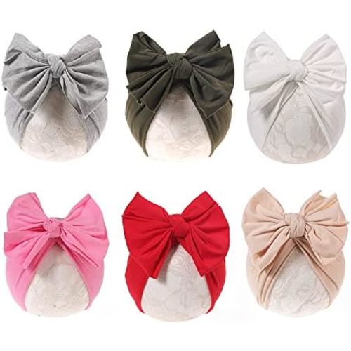 Baby Girl Velvet Big Hair Bow Knotted Head Wrap Oversized Bow Beanie India Cap Warm for Newborn Infant Toddlers 6PCS