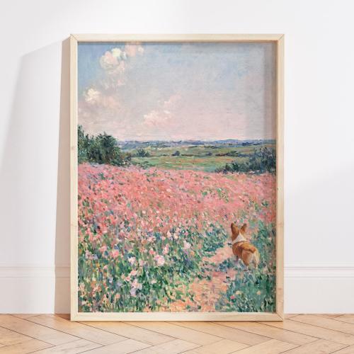 Corgi Oil Painting Print, Monet Pastel Wildflower Art, Floral Landscape Wall Art