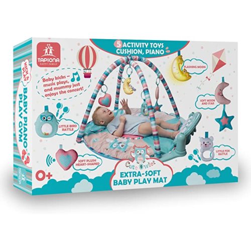 Tapiona Large Baby Play Gym, Kick and Play Piano Infant Activity Mat for Babies 0+, 5 Baby Activity Toys, Kick Piano, Flashing Moon Toy with Lights, Pillow