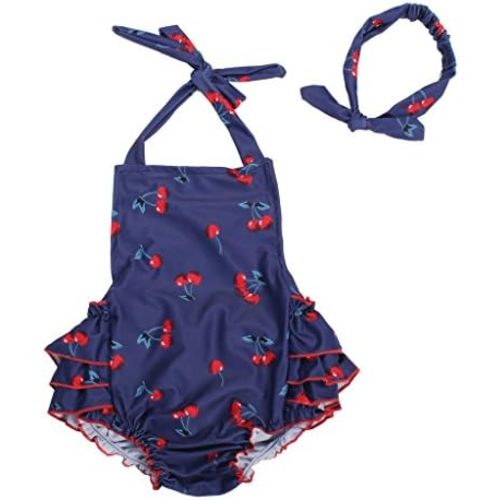 Baby Girl Cherry Pattern Bathing Suits Outfits Rompers with Headband 0-4 Years
