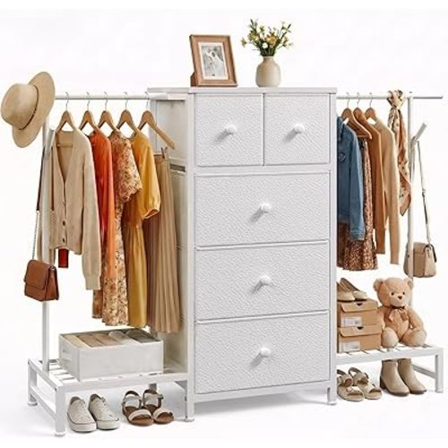 Romorgniz 3-in-1 Dresser with Hanging Rack, 57.8" W Dresser for Bedroom Organizer, 5 Drawers Chest with Shoe Rack Side Hooks, White