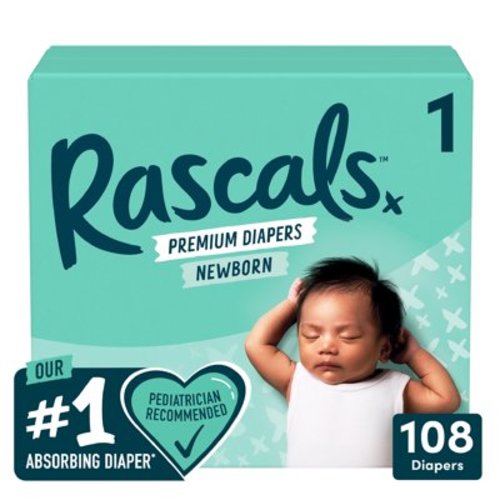 Rascal + Friends Premium Diapers, Size 1, 108 Count Absorbing Diaper