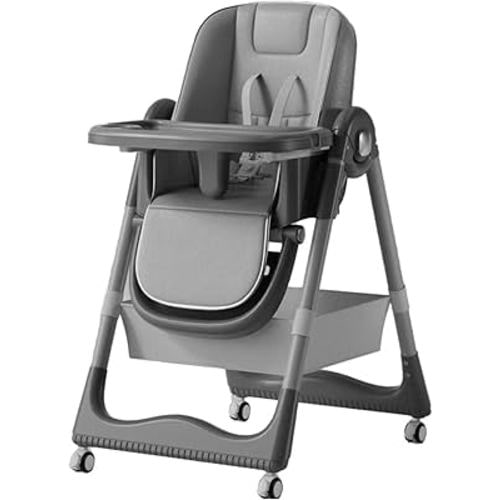 New Multifunctional Baby Highchair with 4 Wheels | Infant/Toddler Dining Chair Adjustable Highchair | Multi-Gear Tray, Removable Seat Cushion & 5 Point Harness, Portable High Chair (Grey)
