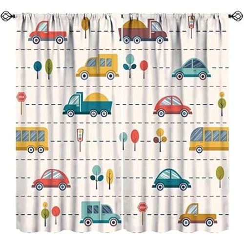 Cartoon Cars Curtains, Nursery Cute Vehicles Colorful Truck Car Bus Tree On The Road Print Window Drapes for Kids Boys Girls Children Bedroom Living Room, 42x54in（No Blackout）