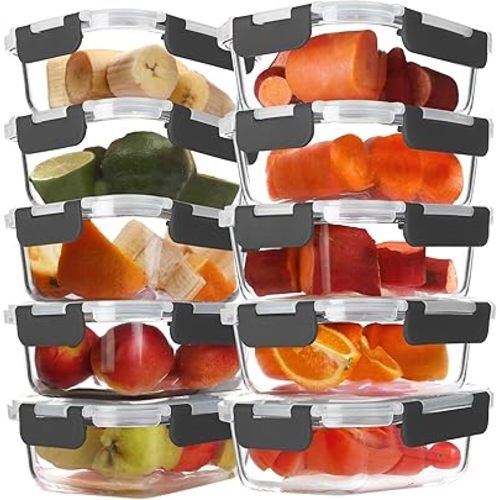 BAYZZ 10 Pack 22 oz Glass Meal Prep Containers, Glass Food Storage Containers with Airtight Lids, BPA-Free, Freezer and Microwave Safe