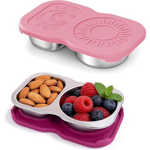 QCQHDU Snack Containers, 2-Compartment Small Stainless Steel Reusable Snack Boxes for Portion Control, Meal Prep Lunch Food Sauce Storage Lunchable Accessories Salad Dressing Containers to Go, 2 Pack