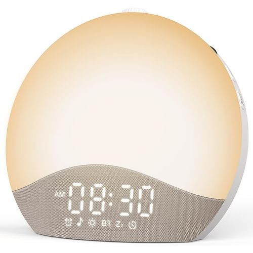 ecozy Sunrise Alarm Clock, White Noise Machine, Auto Time Sync,Dimmable Clock, 26 Sound, 17 Night Lights, Sunrise/Sunset Simulation, Wake Up Light for Heavy Sleeper, Elderly, AC-Powered