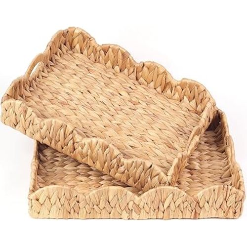 2Pcs - Scalloped Basket, Decorative Basket, Water Hyacinth Tray (17 x 13 x 3 inch - 2Pcs) with Scalloped Edge and Built-in Handles, Rectangle Serving/Woven/Basket/Seagrass Tray