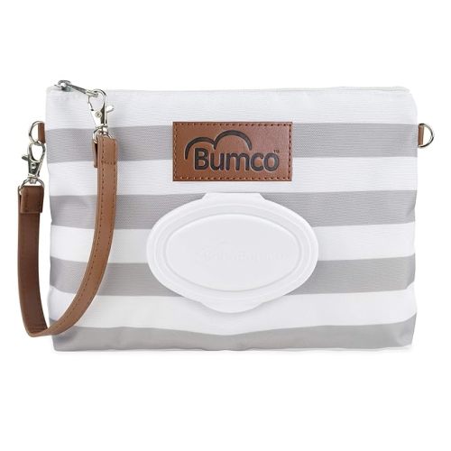 Bumco Diaper Clutch Bag with Refillable Wipes Dispenser - Water Resistant, Lightweight Diaper Pouch with on the go Wipes Dispenser, Portable Baby Wipe Dispenser, (Grey Stripes)