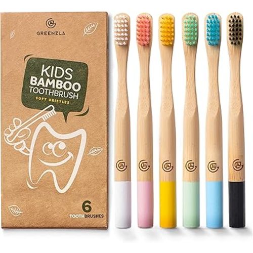GREENZLA Kids Bamboo Toothbrushes (6 Pack) BPA Free Soft Bristles Eco-Friendly, Natural Toothbrush Set Biodegradable & Compostable Charcoal Wooden