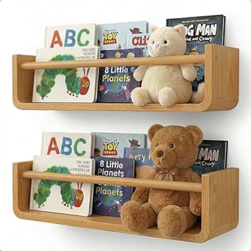 Ovalo Nursery Book Shelves Set of 2 - Solid Pine Wood Nursery Bookshelf, Floating Nursery Shelves for Wall, Wall Bookshelf for Kids Room, No-Assembly Wall Mounted Baby Book Shelf. (Natural Wood)