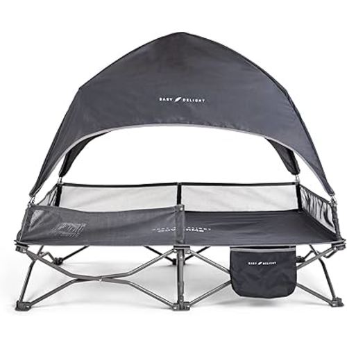 Baby Delight Go with Me Bungalow Deluxe Portable Cot | Toddler Travel Bed | Indoor and Outdoor | Sun Canopy | Grey