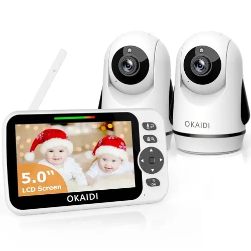 Video Baby Monitor with 2 Cameras, 5" Display Baby Monitor No WiFi, 30H Battery and 1000ft Range, Remote Pan-Tilt-Zoom Baby Camera, 2-Way Talk, 8 Lullabies, for Baby Pet Elderly