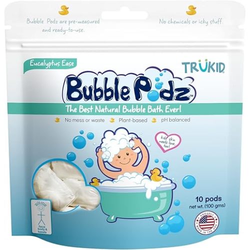 TruKid Bubble Podz Bubble Bath for Baby & Kids, Gentle Refreshing Bath Bomb for Sensitive Skin, pH Balance 7 for Eye Sensitivity, Natural Moisturizers and Ingredients, Eucalyptus (10 Podz)