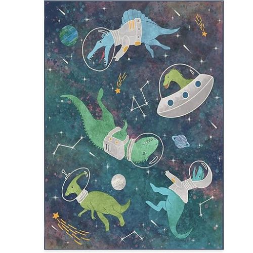 RUGGABLE Washable 5x7 Area Rug, Blue, Premium Kids Rugs for Playroom, Living Room, Bedroom, Kitchen, Office with Gripper Non Slip Pad, Dinosaurs in Space