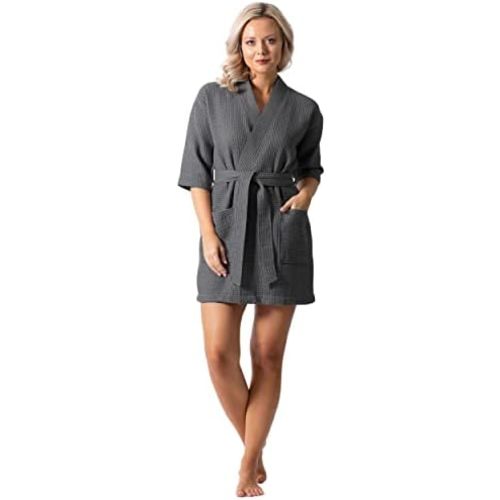 Turkish Linen Lightweight Waffle Knit Bath, Spa & Bridesmaids Kimono Short Robes for Women - Quick Dry & Soft