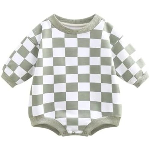 Bafeicao Baby Boy Girl Checkerboard Sweatshirt Romper Organic Cotton Checkered Bubble Romper Oversized Long Sleeve
