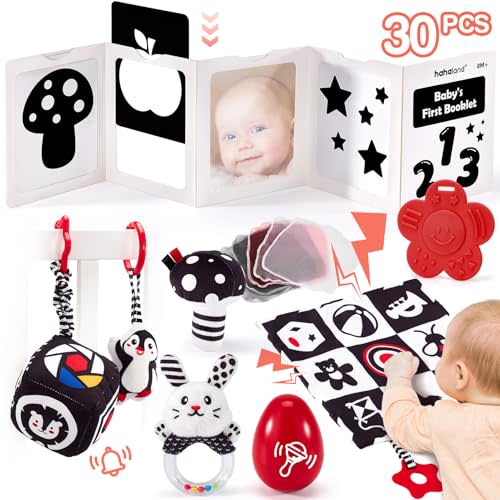 hahaland High Contrast Baby Toys for Newborn - 30 PCS Baby Sensory Toys with Black and White Cards Hanging Rattle Toys for Brain Development Montessori Toy for 0 3 6 Months Early Learning Tummy Time