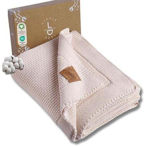 100% Organic Cotton Baby Knitted Blanket with Gift Box - Soft Toddler, Crib, Stroller Blanket - Neutral Swaddle and Receiving Blanket for Newborns, 30"x40", Stone