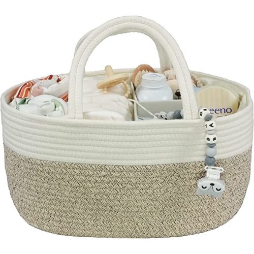Large Baby Diaper Caddy Organizer for Girl Boy Rope Nursery Storage Bin Basket Portable Holder Tote Bag for Changing Table Car Travel Baby Shower Gifts Newborn Registry Must Haves White and Brown - white and brown