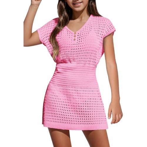 (5-6 Year) Haloumoning Girls Crochet Swim Beach Cover Up Kids Fashion Button Short Sleeve Swimsuits Cover Ups 5-14 Years