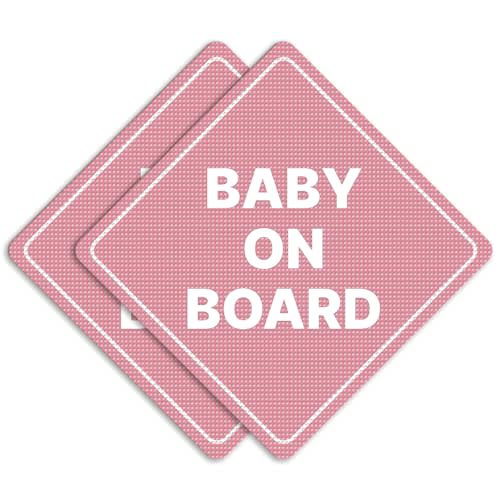 GEEKBEAR Baby on Board Car Sign - Sticker or Magnet & Color Options, Weather-Resistant - Diamond Shape 6.8 x 6.8 in (See-Through Sticker, Light Pink, 2 Pack)