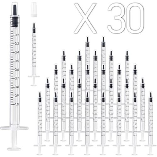 30 Pack 1ml Plastic Syringe with Cap, Sterile and Individually Sealed for Measuring, Watering, Refilling, Feeding Pets, Scientific Labs, Oil or Glue Applicator