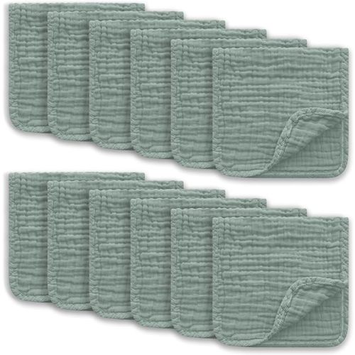 Muslin Burp Cloths Large 100% Cotton Hand Washcloths for Boys & Girls, Baby Essentials Extra Absorbent and Soft Burping Rags for Newborn Registry (Green, 12-Pack, 20" X10") - 10x20 Inch (Pack of 12)