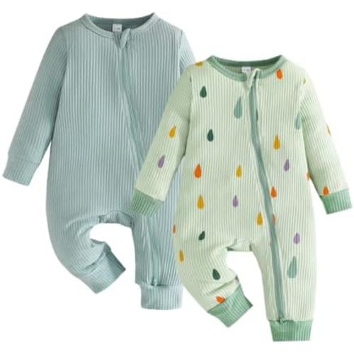Bafeicao Unisex Baby Boy Girl 2 Pack Rompers Long Sleeve Two Way Zipper Romper One Piece Jumpsuits Clothes Sets