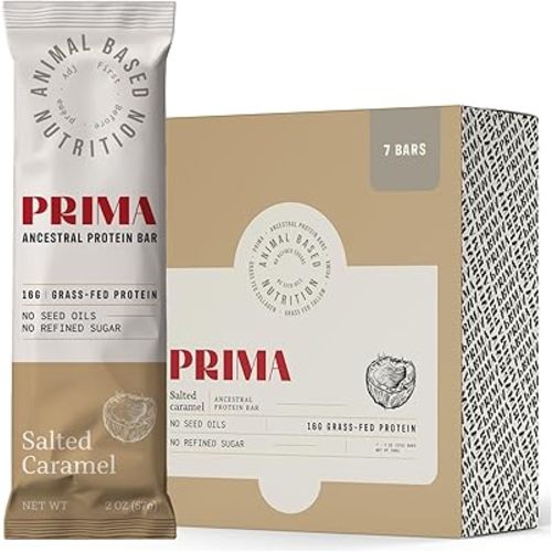 PRIMA ANCESTRAL PROTEIN BAR Grass Fed Protein Bars, 7 Pack – Animal-Based Protein Bar with Beef Tallow, Raw Honey, Seed Oil Free, Low Carb, Gluten-Free – Healthy, Energy Snacks for Clean Lifestyle (7 Pack, Salted Caramel)