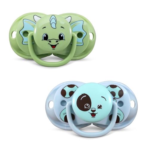 RaZbaby Keep-It-Kleen Baby Pacifier 2-Pack Closes When Dropped - BPA-Free Silicone Orthodontic Nipple, Ideal for Travel, Nipple Stays Clean, 0-36 Months - Green Dragon/Blue Puppy Design