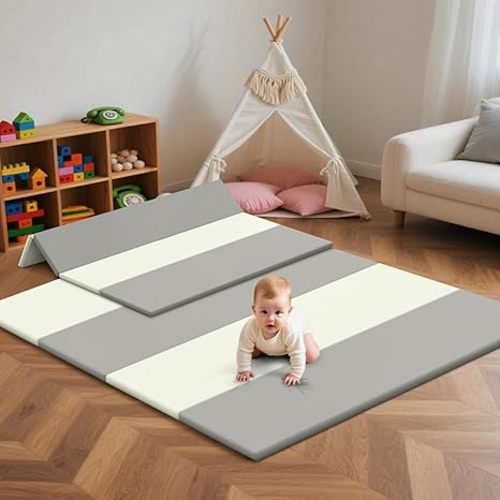Suihuooo Baby Play Mat Foldable, 1.2" Thick Waterproof Playmats for Floor, Thicken Foam Playmat for Tummy Time, 47x47 Playpen Mat, Portable Baby Floor Mat for Infant, Toddler, Beige