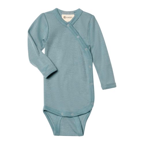 Engel kimono long sleeve wool/silk bodysuit - Slate blue, size 0-3M