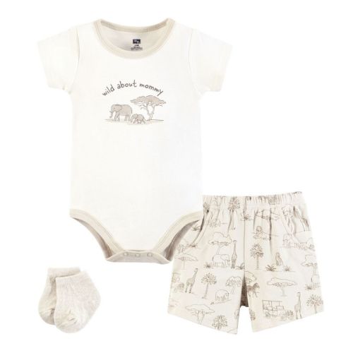 Hudson Baby Infant Boys Bodysuit, Short and Sock, Beige Safari, 6-9 Months