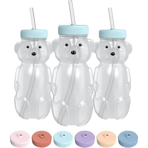 Honey Bear Straw Cup for Babies, 8-oz Honey Bear Cup with Lid, 3-Pack Therapy Learning Honeybear Straw Cup, Baby Honey Bear Bottle Set, Blizzard AQUA