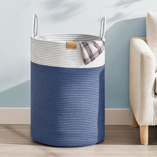 75L Laundry Hamper Basket,Baby Nursery Woven Storage Basket for Toys Bin,Pillows,Blankets,Clothes,Navy Blue