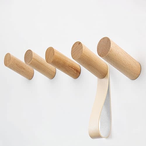 evory 5 Pack Wood Wall Hooks, Rustic Wooden Coat Hooks Wall Mount, No Damage Adhesive Hat Hooks for Wall, Decorative Coat Rack Hangers for Hanging Clothes Towels Guitar Backpacks Purses