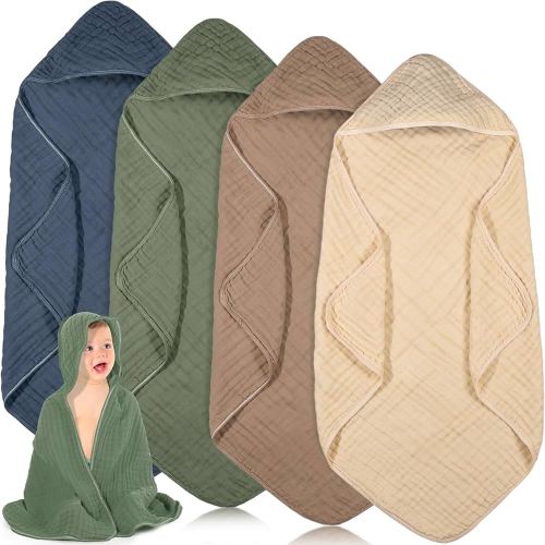 Peryiter 4 Pcs Muslin Hooded Baby Towels,32"x 32" Cotton Newborn Bath Towel Muslin Infant Baby Blankets Absorbent Unisex Newborn Registry Gift for Girls Boys (Green)