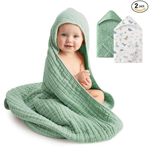 Baby Bath Towels, 100% Muslin Cotton Hooded Baby Towels for Newborn, 2 Pack Baby Towels with Hood for Infant Toddler and Kids, Large 32x32Inch Unisex Bath Essentials, Soft and Absorbent