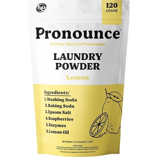 Pronounce Laundry Detergent Powder Alternative | Earth-Derived Ingredients, Eco-Friendly, Safer for Sensitive Skin, Eczema, and Babies. Stain + Smell Fighting. HE Safe (Lemon, 120 Loads).
