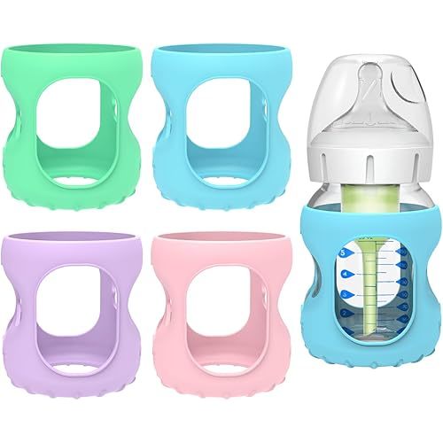 MORLIKE 4 Pack Silicone Sleeves Fit for 5 oz/150 mL Dr. Brown's Wide Neck Glass Baby Bottle, 100% Silicone Covers Protect Baby Glass Bottle, Easy to Grip Bottle Holders for ‎WB53700-WEB ‎WB51700-P4