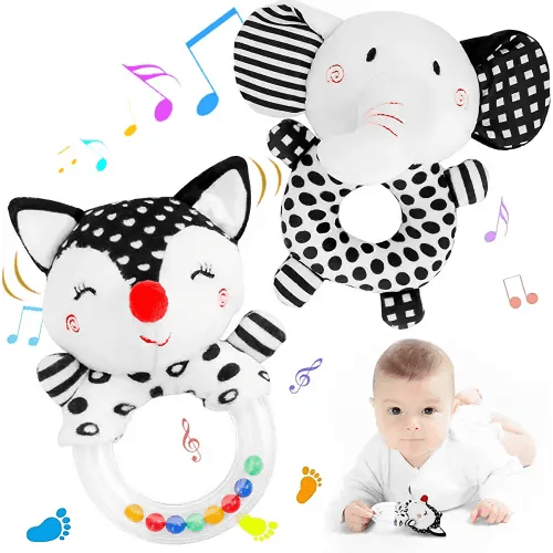 FPVERA Baby Rattles 0-6 Months: Soft Rattles for Babies 0-6 Months Newborn Sensory Toys, High Contrast Black and White Baby Toys 0-3 Months Plush Rattle Toy for Infant Boys Girls Shower Gift, 2PCS