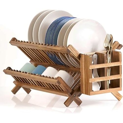 Acacia Wooden Dish Drying Rack for Kitchen Counter 2-Tier Collapsible Bmaboo Dish Drying Rack with Utensil Holder Dish Drainer Large Folding Wood Dish Drying Rack with Flatware Holder