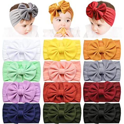 Prohouse Baby Headbands with Big Waffle Bows Nylon Hairbands Handmade Hair Accessories for Baby Girls Newborn Infant Toddlers Kids, Pack of 12