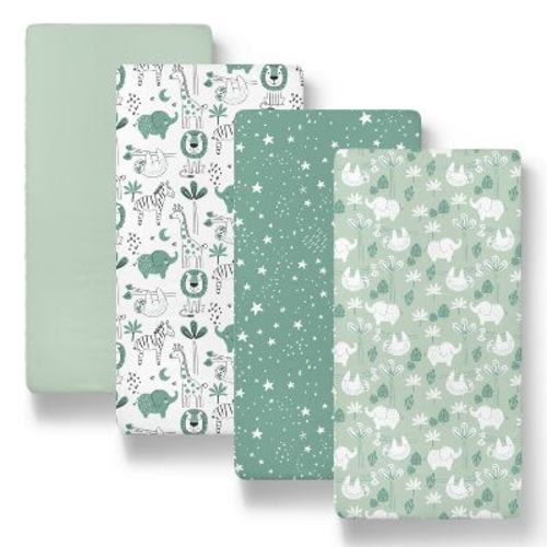 The Peanutshell Green Safari Bassinet Sheets, Green, 4-pack