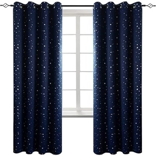 BGment Kids Blackout Curtains for Bedroom - Grommet Thermal Insulated Silver Star Print Room Darkening Curtains for Living Room, Set of 2 Panels (52 x 72 Inch, Navy Blue)
